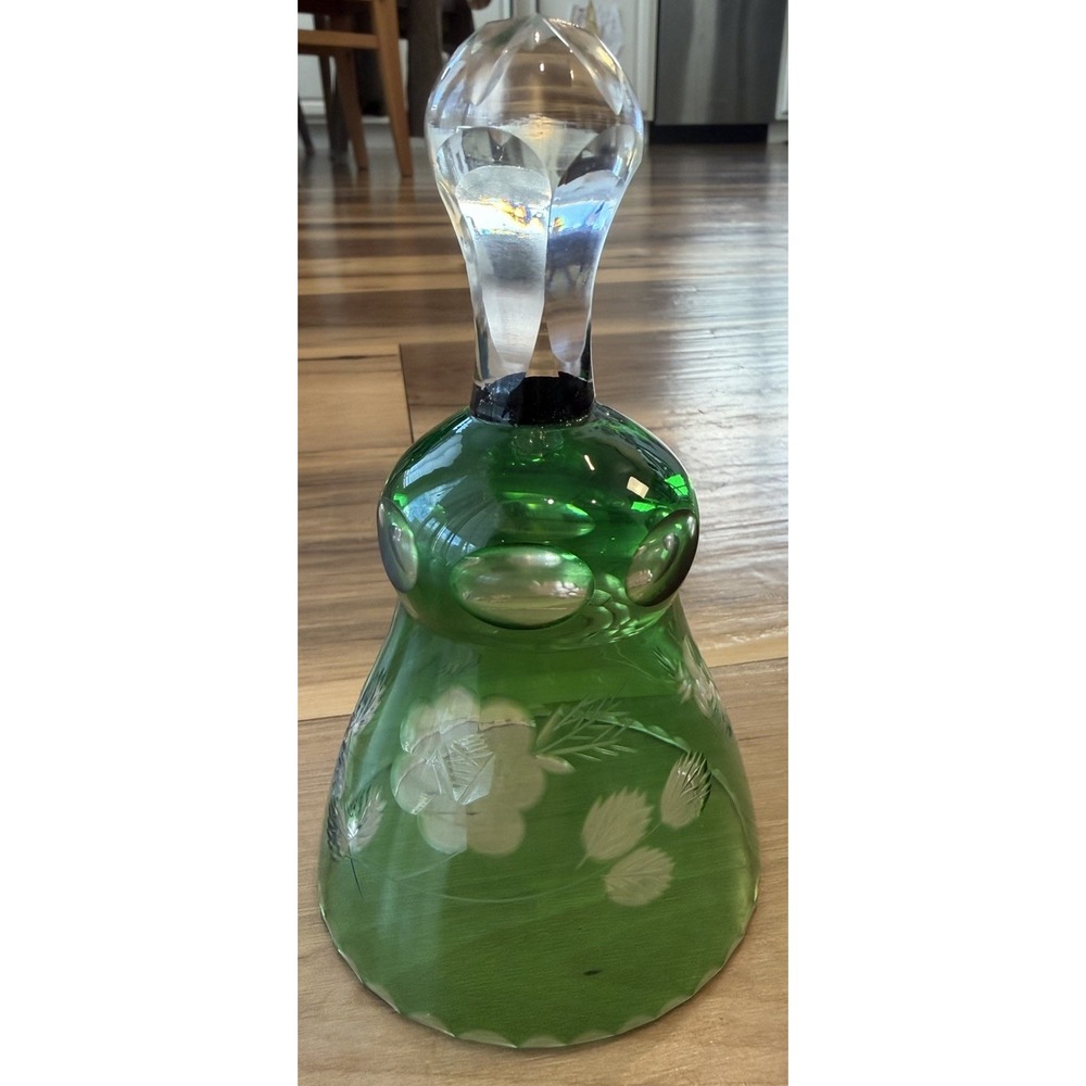 Vintage Emerald Green Cut Crystal Glass Hand Bell Floral Etched Clear Handle